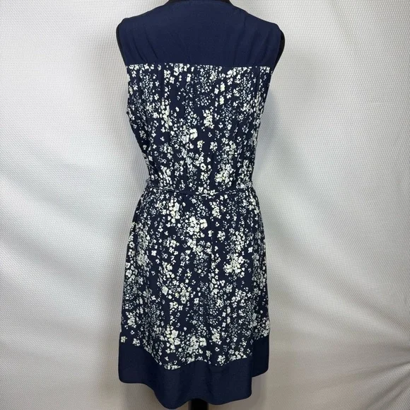 Ann Taylor Loft Floral Navy Dress Belted Sleeveless Small V-Neck - Picture 3 of 13